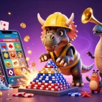 Experience the excitement of VB8 with a vibrant scene of casino fun featuring a triceratops and gambling elements.
