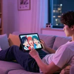 A person engaging in an ai hentai chat on a tablet in a futuristic room filled with anime decor.