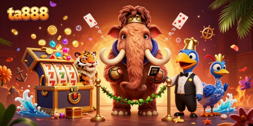 Engage with ta888's thrilling casino experience featuring animated characters and vibrant gaming elements.