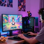 Engaged player enjoying a vibrant hentai game experience in a cozy gaming room.
