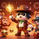 Engage with slot gacor gameplay featuring a cartoon explorer cat discovering casino treasures.