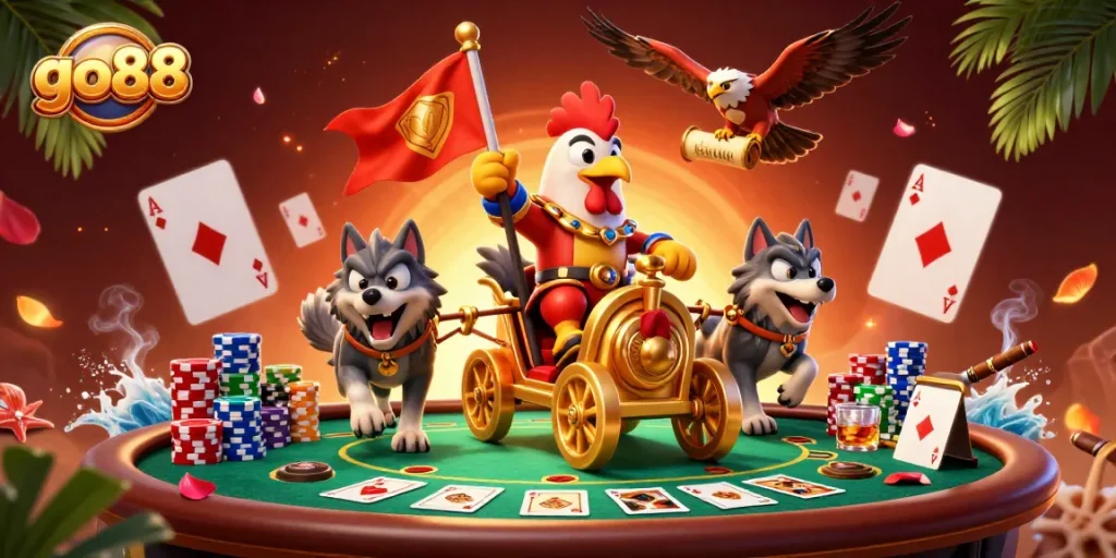 Experience exciting gameplay with go88 featuring a rooster warlord in a dynamic casino scene.