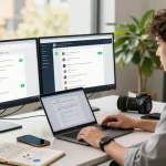 Modern workspace showcasing WhatsApp網頁版 on dual monitors, emphasizing productivity and communication.