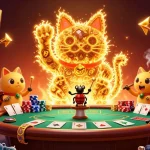 Join the excitement at rr88m1 with golden fireflies symbolizing luck in a vibrant casino scene.