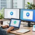 Download Telegram on a laptop in a modern workspace showcasing seamless digital communication.