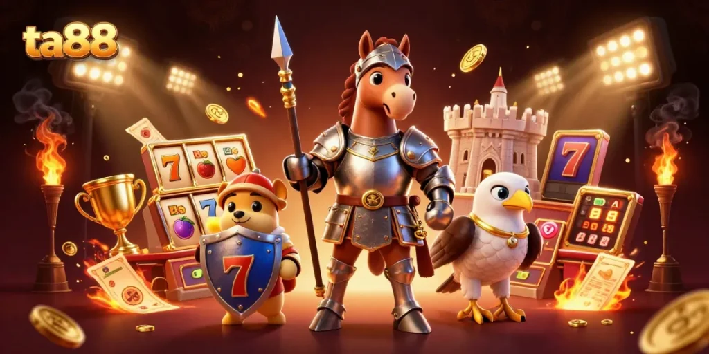Experience the thrill of ta88 with slot reels and a vibrant medieval scene of excitement.