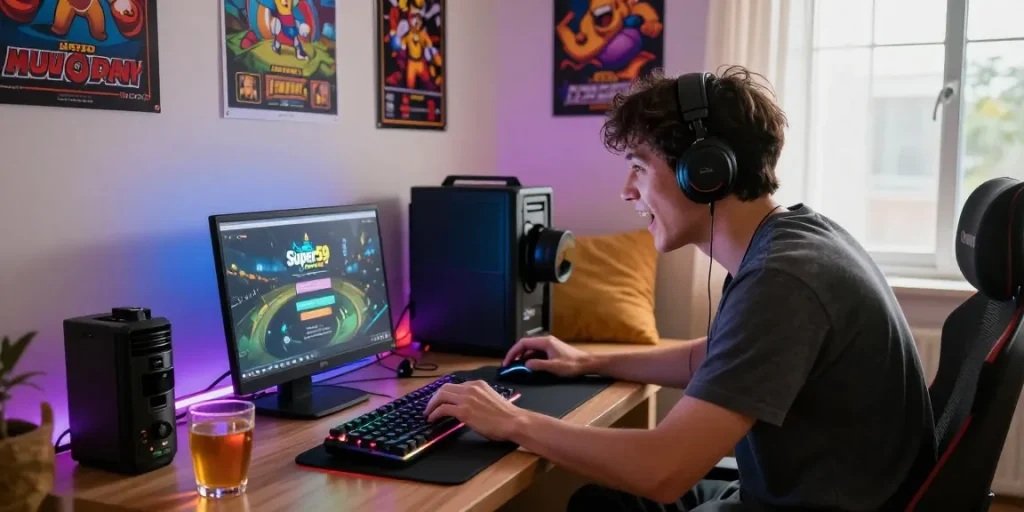 Super59 login di layar laptop pemain dengan suasana gaming nyaman di ruang tamu