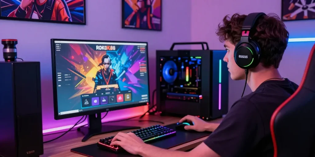 ROKOK88 gaming setup with player focused on vibrant interface and accessories