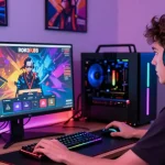 ROKOK88 gaming setup with player focused on vibrant interface and accessories