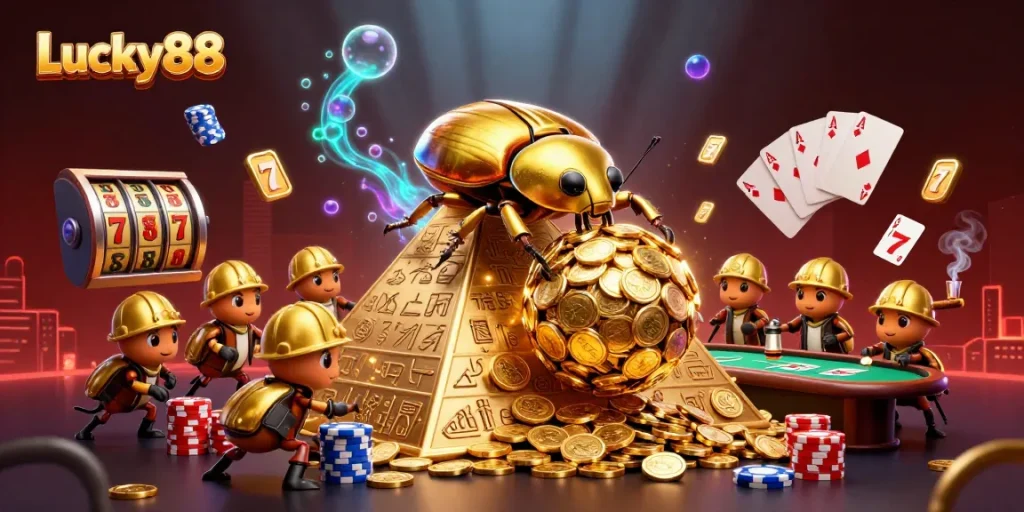 Experience the excitement of Lucky88 with golden coins and engaging casino symbols in a vibrant 3D scene.
