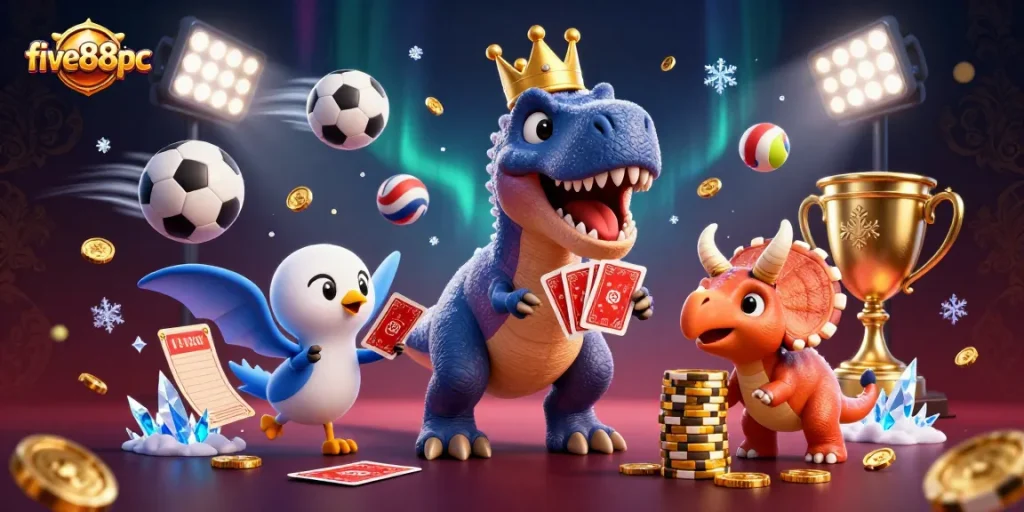 five88pc showcases a vibrant scene with playful dinosaurs engaging in casino-themed tasks surrounded by sports balls.