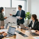 Team discussing Stripe merchant cash advance strategies in a modern office.