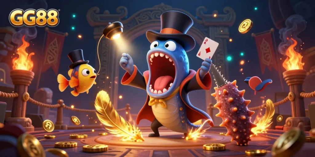 Experience the thrill of GG88 with a magical underwater casino setup featuring a bioluminescent eel and anglerfish.