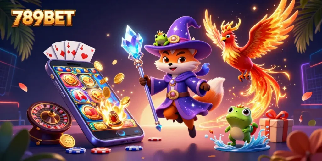 Immerse yourself in 789BET's magical gaming world, featuring a wizard fox and phoenix amidst vibrant casino elements.