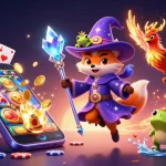Immerse yourself in 789BET's magical gaming world, featuring a wizard fox and phoenix amidst vibrant casino elements.