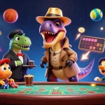 Engage with thrilling action at sky88 com featuring a velociraptor card counter amidst a vibrant casino scene.