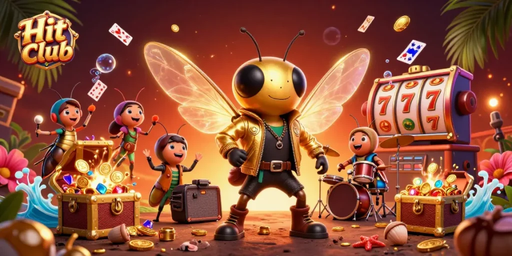 Experience the thrill of Hit club with a rock star cicada in a vibrant casino scene.