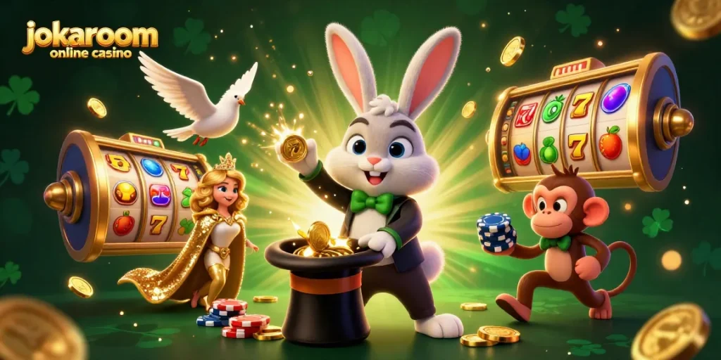 Experience the magic of jokaroom online casino with a charming scene of a magician rabbit, a dove, and a monkey amidst dazzling casino elements.