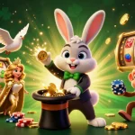 Experience the magic of jokaroom online casino with a charming scene of a magician rabbit, a dove, and a monkey amidst dazzling casino elements.