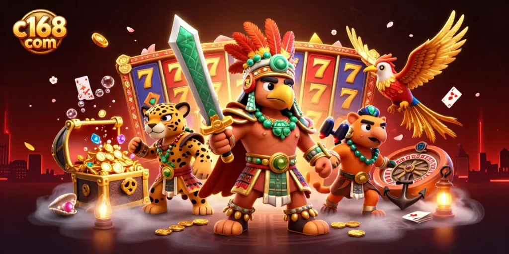 Experience thrilling gameplay at c168 com with vibrant 3D illustrations showcasing dynamic casino elements.