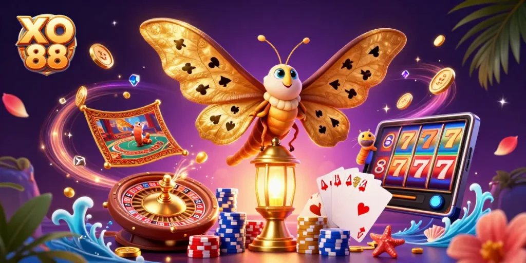 XO 88 thrills with a majestic atlas moth amidst dynamic casino elements, embodying online gaming excitement.