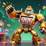 Gorila emas tua mech dax69 menyerang dengan uang koin berhamburan, dikelilingi mesin arcade 3D.