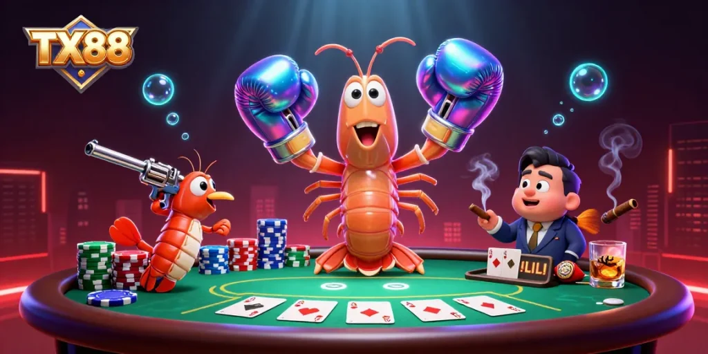 Engage with TX88's thrilling poker experience, featuring vibrant character dynamics and a colorful betting atmosphere.