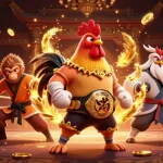 Engage in thrilling battles at DA88 with a dynamic scene showcasing a Muay Thai rooster, Shaolin monkey, and wise crane master surrounded by vibrant casino elements.