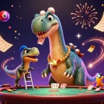 Join tg88 in a vibrant casino scene where a brontosaurus towers over a poker table as colorful elements bounce around, evoking a thrilling gaming atmosphere.