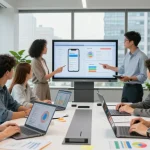 Cheap business mobile deals analysis in a modern office setting with a diverse team collaborating on laptops.