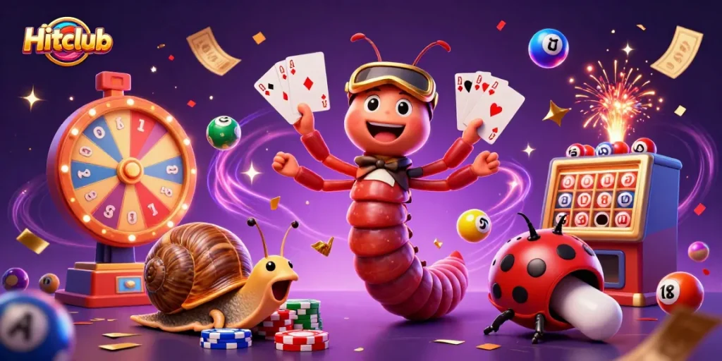 Experience the excitement at Hitclub with casino games and a dynamic 3D illustration scene.