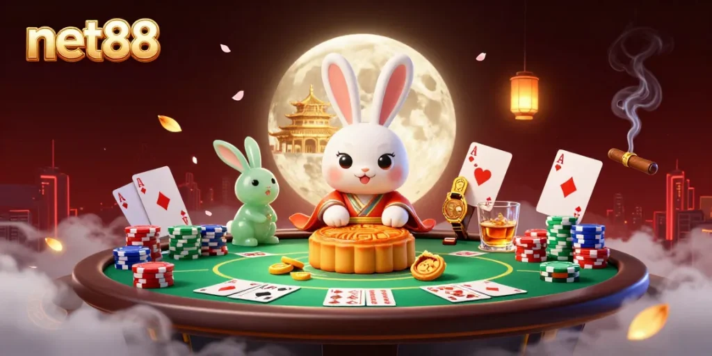 Engage with net88's vibrant 3D casino scene featuring moon rabbits amidst poker elements.