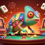 Experience vibrant gaming at xo88 com with a colorful chameleon casino owner amidst slot reels and golden coins.