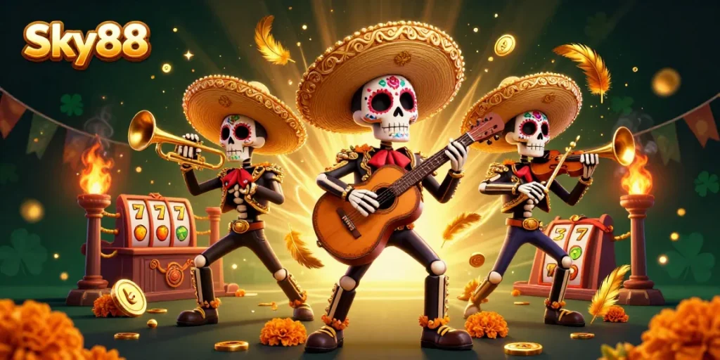 Sky88 offers an exciting gaming experience featuring colorful Day of the Dead mariachi band amidst dynamic slot gaming elements.