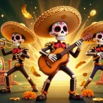 Sky88 offers an exciting gaming experience featuring colorful Day of the Dead mariachi band amidst dynamic slot gaming elements.