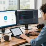 Engaged developer in a modern workspace showcasing Telegram Download on multiple screens with natural light.