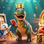 rr88 brings excitement to life as a friendly T-Rex shuffles cards, assisted by a pterodactyl, amidst casino treasures.
