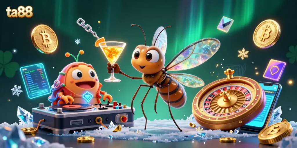 Engage with the ta88 casino scene showcasing a frozen mosquito mascot with crypto elements.