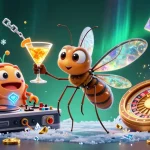 Engage with the ta88 casino scene showcasing a frozen mosquito mascot with crypto elements.