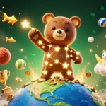 Engage in thrilling gameplay with mm88, featuring a dazzling 3D illustration of a celestial bear, sports symbols, and golden treasures.