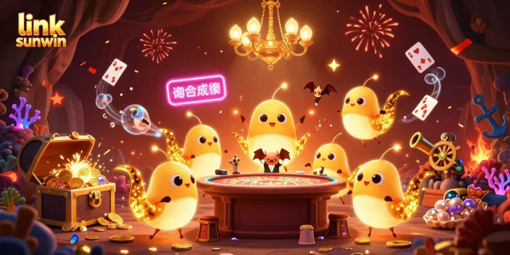 Experience the excitement of link sunwin in this vibrant underground casino scene filled with animated glowworms and rich game features.