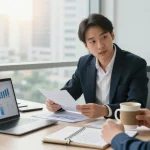 Consultant discussing merchant cash advance options with a small business owner in a modern office.