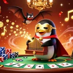 Engage in thrilling gameplay at MM88 COM with a dynamic 3D illustration of a penguin casino host playing organ that shoots coins.