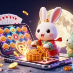 Spin to win with 789BET in this vibrant 3D moon rabbit casino-themed illustration featuring poker chips and slot games.