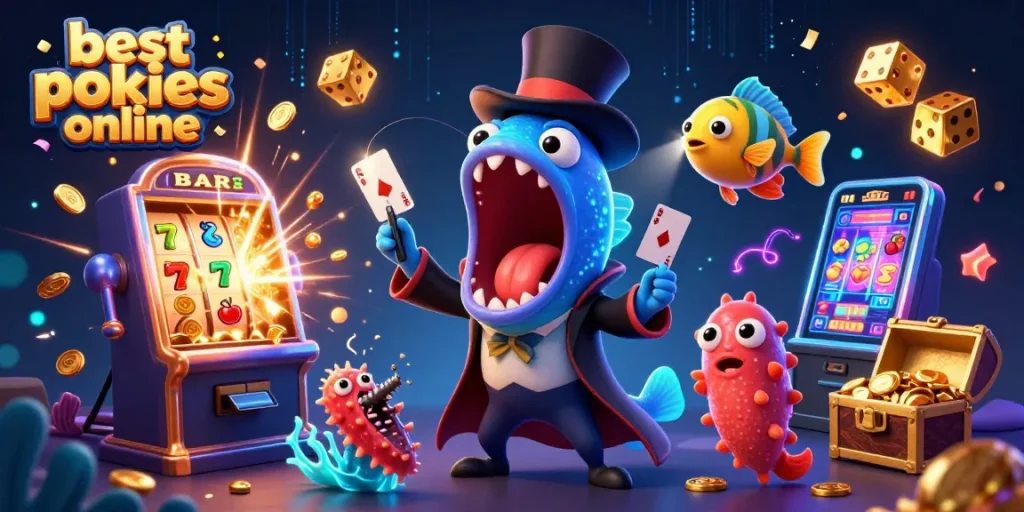 Experience the thrill of the best pokies online with vibrant 3D characters in an action-packed casino scene.