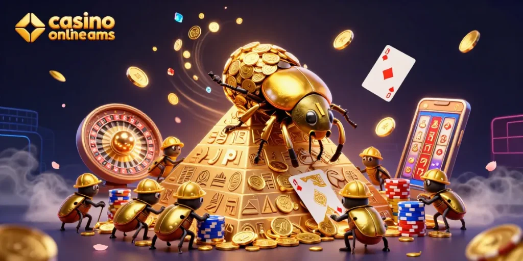 Experience casino online non aams with animated golden beetles rolling coins and vivid casino elements.