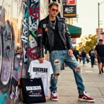 Stylish model in ROKOK88 streetwear against vibrant urban backdrop, embodying modern fashion trends.
