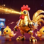 Engage in thrilling gaming action with open88, featuring a golden rooster robot amidst vibrant casino elements.