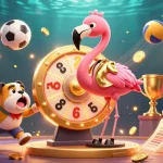 Join the excitement at DA88 with game show host flamingo spinning the prize wheel amidst sports action.