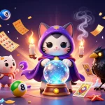 DA88 players experience vibrant lottery excitement with a mystical cat and a raven in a colorful casino atmosphere.